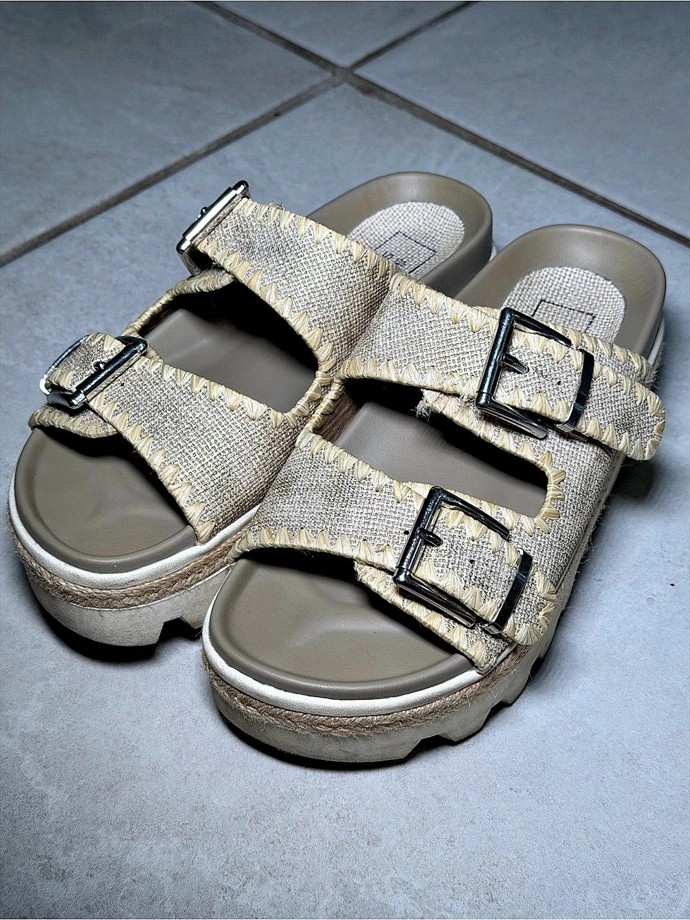 Shu Shop Lori Platform Slide Sandal Double Buckle Sandals in Beige & Gray
